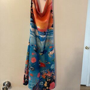 Easy Tiger satin halter cowl neck mini dress in fish beach print -- size S
